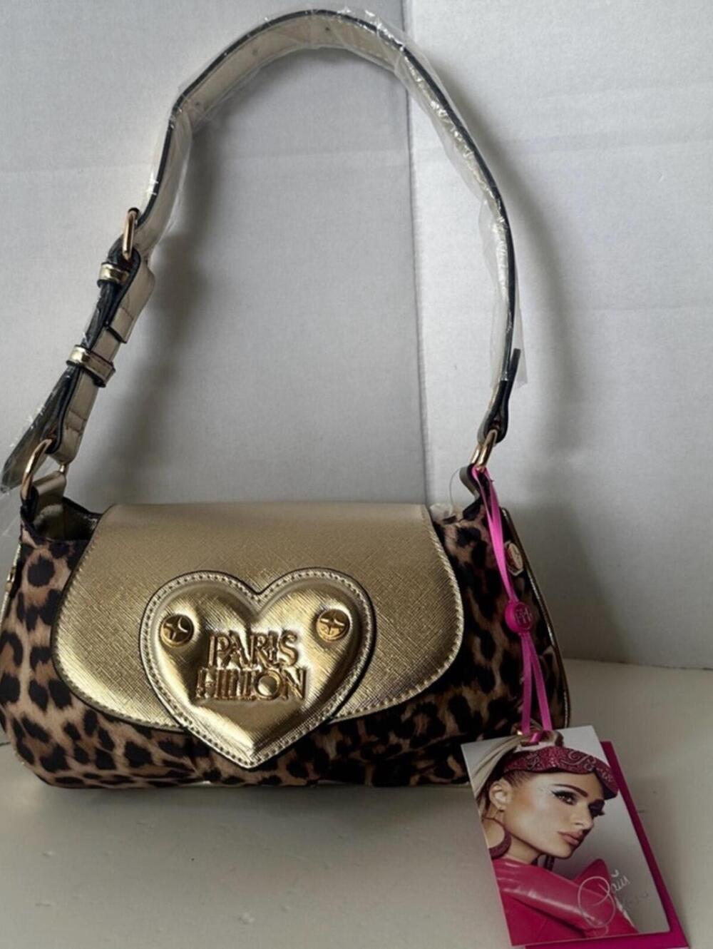 Paris Hilton New With Tags Leopard Print Gold Heart Baguette Shoulder Bag